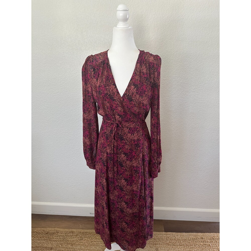 Wilfred Aritzia Floral Printed Wrap Dress Midi Longsleeve Sz S Pink Burgundy